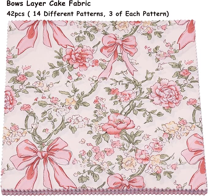 Hanjunzhao Valentines Pink Blue Bow Cotton Fabric Squares 10x10, 42Pcs Layer Cake Fabric for Quilting 10 inch, Layer Cakes 10 inch Squares for Quilting, DIY Bowknot, Gift Wrapping, Party Decor, Bows