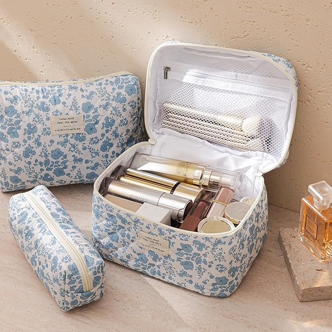 HBselect Quilted Makeup Bag, 3PCS Cotton Large Travel Makeup Bag, Cute Floral Coquette Make up Bag Cosmetic Bag Toiletry Bag for Women Girls
