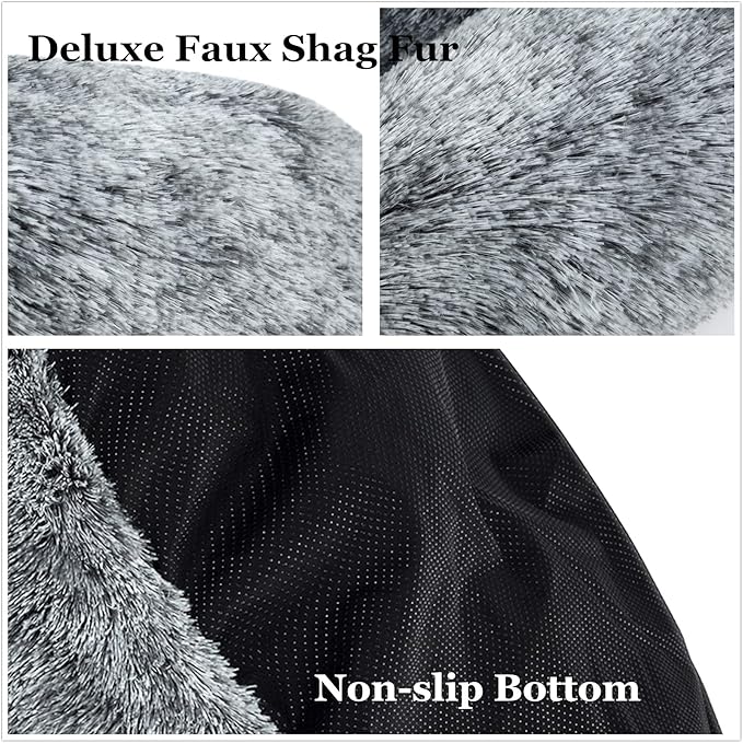 Coohom Oval Calming Donut Cuddler Dog Bed,Shag Faux Fur Cat Bed Washable Round Pillow Pet Bed(30"/36"/43") for Small Medium Dogs (XXL(43"x34"x8"), Grey)
