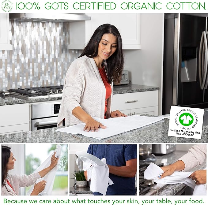 HONEST WEAVE GOTS Certified 100% Organic Flour Sack Cotton Kitchen Hand and Dish Towel Sets - Extra Large 27x27 inches, Fully Hemmed, 12-Pack, Natural Tan
