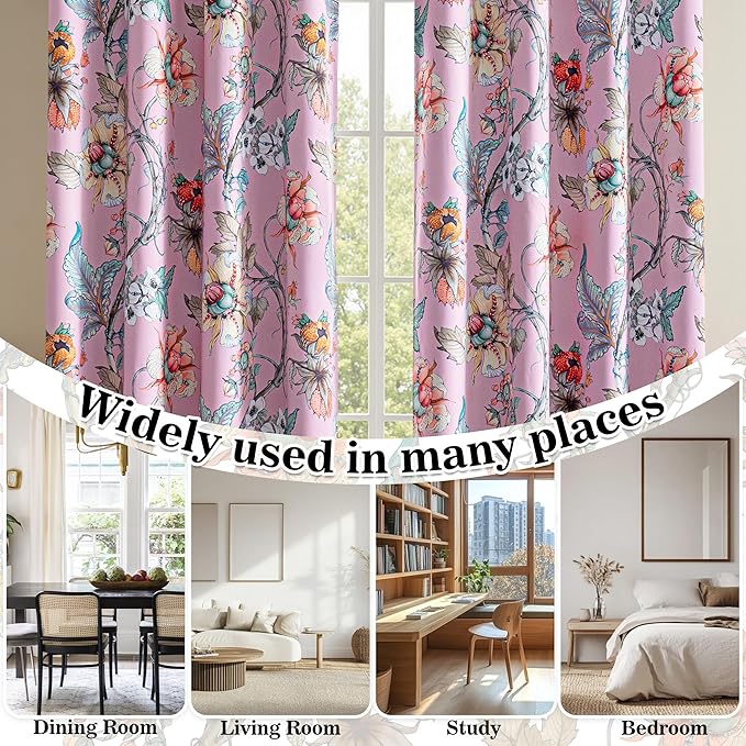 MYSKY HOME Floral Blackout Curtains 95 inches Long Black Out Thermal Insulated Privacy Protect Vintage Classical Flower Print for Living Room Dining Room Nursery Girls Bedroom, Pack-2, 52" x 95", Pink