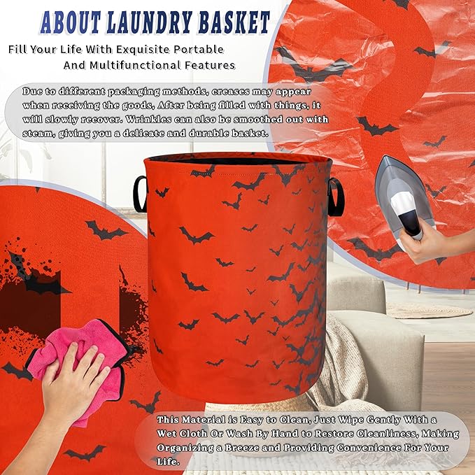 Bat Laundry Hamper Foldable Oxford Cloth Funny Bats Laundry Basket With Handle Portable Clothes Storage Basket Colorful Laundry Bag 18.9"x16.5" For Laundry Room/Bedroom/Bathrooms