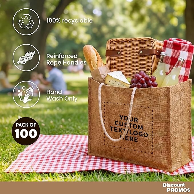 DISCOUNT PROMOS Custom Jute Bags with Rope Handle Set of 100, Personalized Bulk Pack - Reusable, Great for Shopping, Grocery, Promotional or Tradeshow - Natural