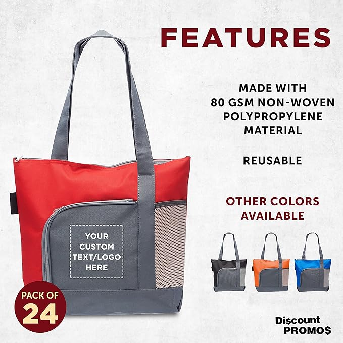 DISCOUNT PROMOS Custom Go Getter Sport Tote Beach Bags Set of 24, Personalized Bulk Pack - Reusable, Great for Shopping, Beach, Picnic, Other Outdoor Adventure - Red