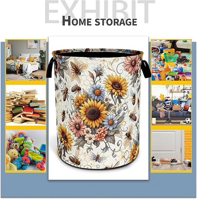 NUTAINLA Bee Sunflower Laundry Basket Flower Foldable Oxford Cloth Funny Tote Bag Laundry Hamper Clothes Storage Bucket Toy Organizer For Bathroom/Laundry Storage/Bedroom 18.9x16.5 Inch