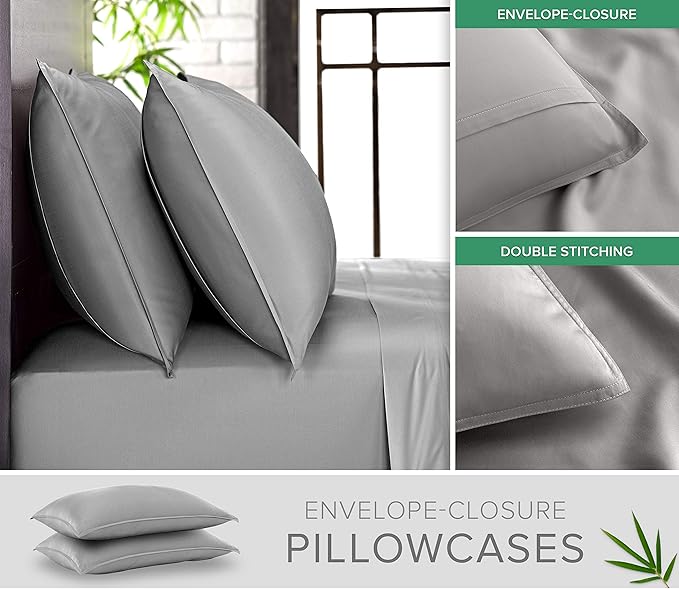 Pure Bamboo King Sheets, Genuine 100% Organic Viscose Derived from Bamboo Bed Sheet Set, Luxuriously Soft & Cooling, Double Stitching, 2 Year Quality Promise (King, Stone Grey)