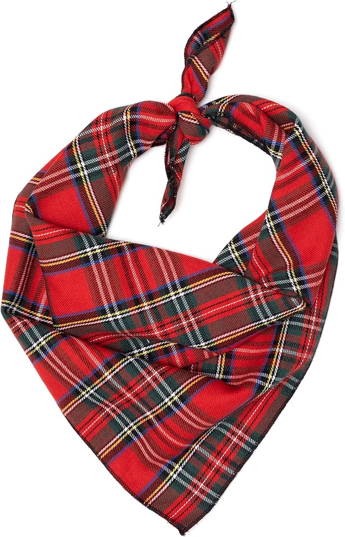 THE WORTHY DOG Classic Tie-On Dog Bandana – Soft Cotton Flannel Square Pet Bandana, Plaid III Pattern, Red, Small