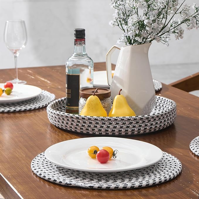 Art PineCone's Woven Cotton Rope Round Placemats Set of 4 with Holder Included, Non-Slip, and Heat Resistant Shabby Chic Placemats (Blended Charcoal, 13 inch)