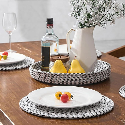 Art PineCone's Woven Cotton Rope Round Placemats Set of 4 with Holder Included, Non-Slip, and Heat Resistant Shabby Chic Placemats (Blended Charcoal, 13 inch)