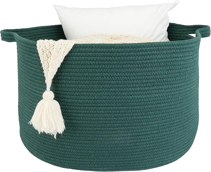 XUANGUO Large Cotton Rope Basket – 22"x14" Woven Storage Basket for Blankets, Toys, Laundry, and Nursery – Round Baskets for Living Room and Kids Dark Green
