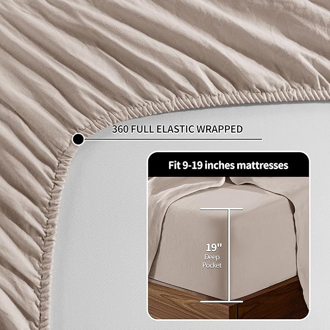 LBRO2M 100% Linen Sheet Set 19" Deep Pocket California King Size,Bed Sheets 4 Piece Sets,Solid Color Natural Flax Bed Sheets Soft Breathable Bedding,All Season (Clifornia King, Linen)