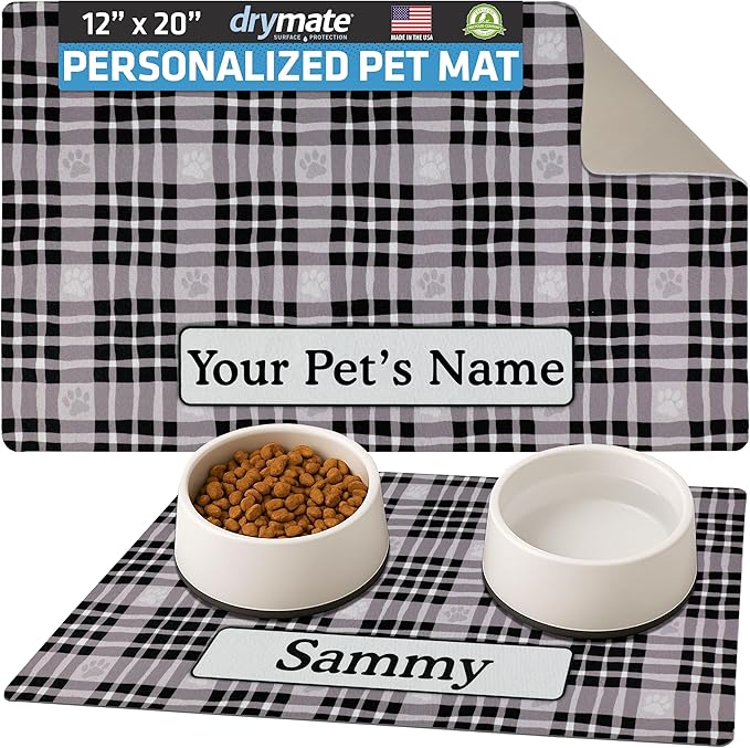 Drymate Personalized Pet Bowl Placemat, Custom Dog & Cat Food Feeding Mat - Absorbent Fabric, Waterproof Backing - Machine Washable/Durable (USA Made) (12" x 20") (Black Paw Plaid)