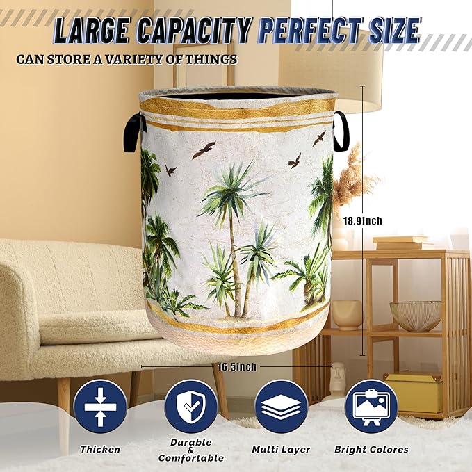 Tropical Palm Trees Laundry Hamper Foldable Oxford Cloth Retro Hawaii Laundry Basket With Handle Portable Clothes Storage Basket Funny Laundry Bag 18.9"x16.5" For Laundry Room/Bedroom/Bathrooms