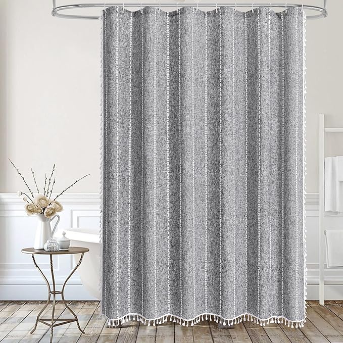 MitoVilla Boho Extra Long Shower Curtain 72 x 96, Darkgrey Modern Farmhouse 96 inch XL Polyester Linen Texture Tassel Fabric Shower Curtain Set with Hooks for Cottagecore Country Bathroom Decor