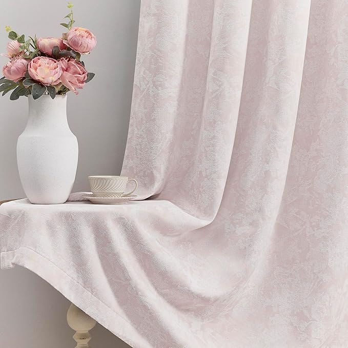 Beauoop Pink Floral Jacquard Blackout Curtains 84 Inches Long 2 Panels for Girls Bedroom Living Room Chenille Flower Room Darkening Thermal Insulated Soundproof Rod Pocket Back Tab Window Drapes 52x84