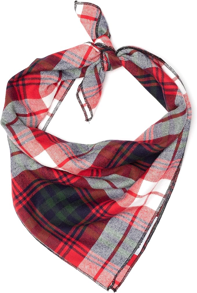 THE WORTHY DOG Classic Tie-On Dog Bandana – Soft Cotton Flannel Square Pet Bandana, Plaid Pattern, Red Multicolored, Large
