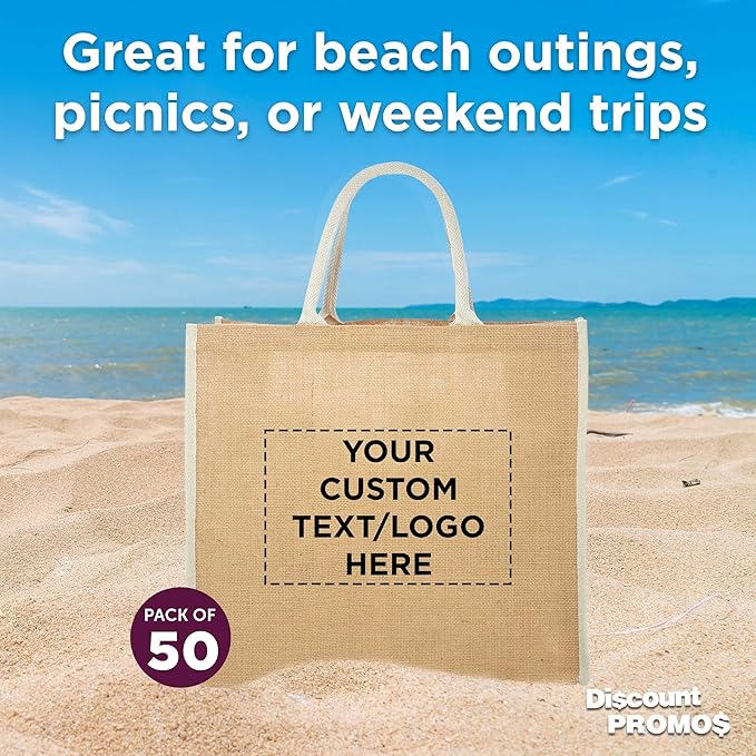 DISCOUNT PROMOS Custom Fresno Eco Friendly Jute Tote Bags Set of 50, Personalized Bulk Pack - Reusable, Great for Tradeshows, Grocery, Shopping and Outdoor Events - Light Beige