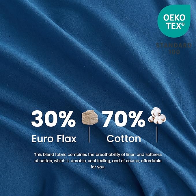 Simple&Opulence Belgian Linen Sheet Set Solid Color - 6 Pieces (1 Flat Sheet & 1 Fitted Sheet & 4 Pillowcases) 16" Deep Pocket Natural Flax Cotton Blended Soft Bedding - Navy Blue, California King