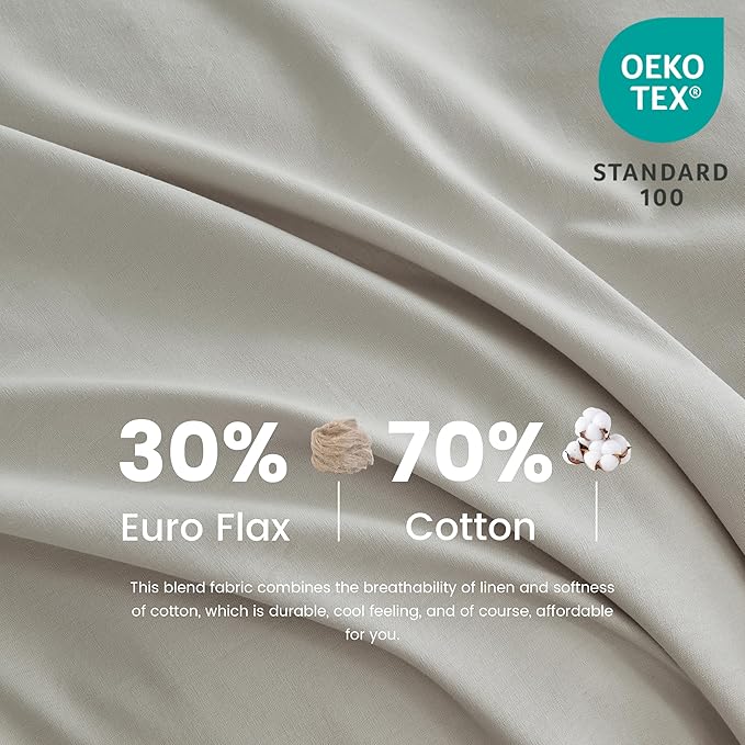 Simple&Opulence Belgian Linen Sheet Set Solid Color - 6 Pieces (1 Flat Sheet & 1 Fitted Sheet & 4 Pillowcases) 16" Deep Pocket Natural Flax Cotton Blended Soft Bedding - Khaki Grey, King Size