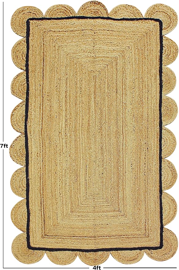 Scalloped Edge Rug, Hand Woven Natural Jute Area Rug, 8x10 Ft Beige & Black Braided Sisal Kilim Rugs for Living Room, Kitchen, Entryway, Farmhouse