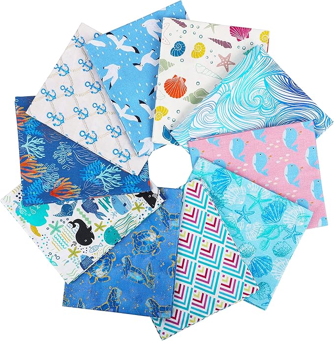 Craftido -25 Options- 100% Cotton Quilting Fabric Bundles 10pcs Fat Quarters 18”x21”-Medium Weight 5.2 oz- Soft Cotton for Quilting, Sewing Project, Patchwork, DIY Crafts – Blue Sea