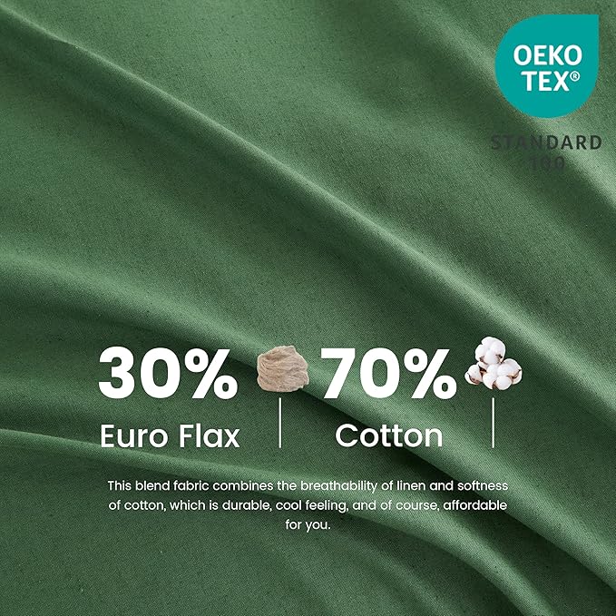 Simple&Opulence Belgian Linen Sheet Set Solid Color - 6 Pieces (1 Flat Sheet & 1 Fitted Sheet & 4 Pillowcases) 16" Deep Pocket Natural Flax Cotton Blended Soft Bedding - Forest Green, Queen Size