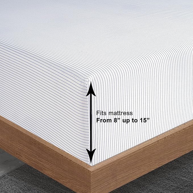 LANE LINEN Full Fitted Sheet, 100% Organic Cotton, 3-Piece Set (1 Fitted Sheet,2 Pillowcases), Percale Weave, Full Bed Bottom Sheet, Soft, Fits Mattress Upto 15" Deep -Ticking Stripe(No Flat Sheet)