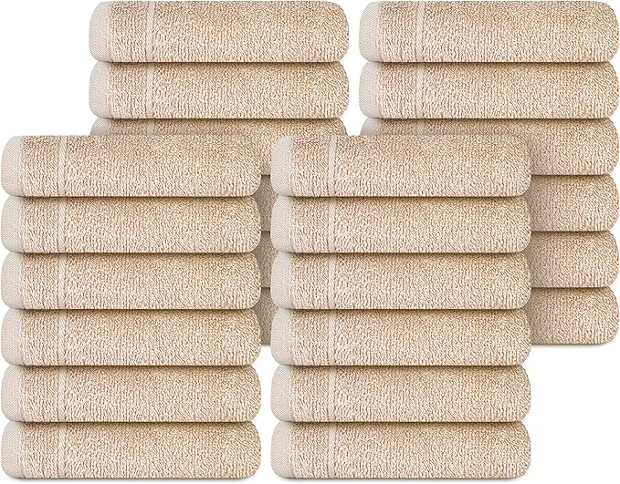 Tens Towels Pack of 24 Washcloths, 12 x 12 Inches, Lighter Weight, Quick to Dry, Super Soft & Absorbent, Gentle Face Towels, Hotel Quality, Perfect for Bathroom, Gym, Spa (Beige, 24 Pack)