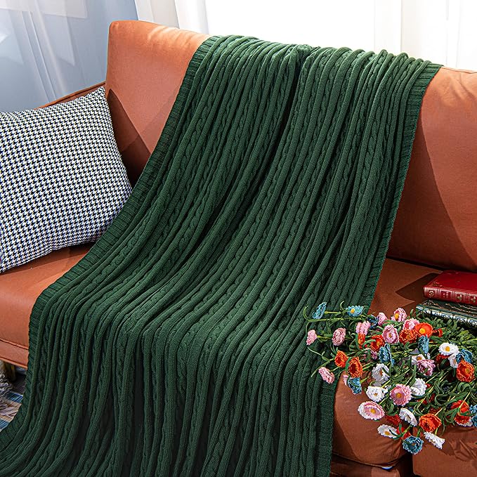 NTBAY 100% Pure Cotton Cable Knit Throw Blanket, Super Soft Warm 51x67 Knitted Throw Blanket for Couch, Sofa, Chair, Bed - Extra Cozy, Machine Washable, Comfortable Home Decor, Dark Green