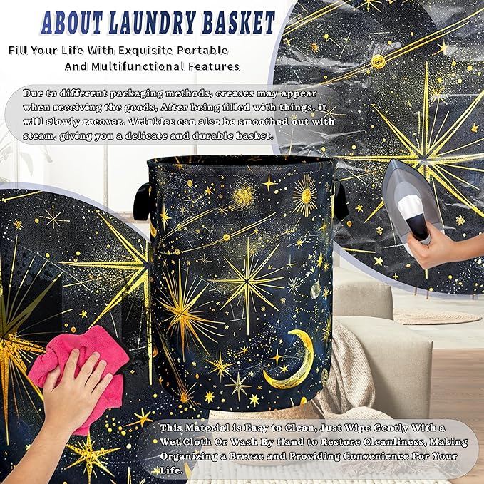 Moon Starry Sky Laundry Hamper Foldable Oxford Cloth Colorful Galaxy Laundry Basket With Handle Portable Clothes Storage Basket Funny Laundry Bag 18.9"x16.5" For Laundry Room/Bedroom/Bathrooms