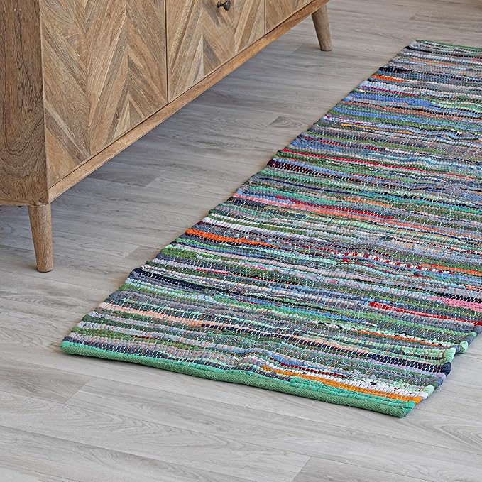 HOMEMONDE Chindi Runner Area Rug 2x6 feet Recycled Soft Cotton Rugs Hand Crafted Reversible Boho Home Decor for Kitchen, Entyrway, Bedroom, Living Room - Multi Green