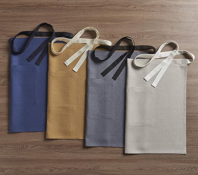 Solino Home Linen Bistro Server Apron - Extra long ties with Pockets - 100% Pure Linen Half Apron for Men and Women