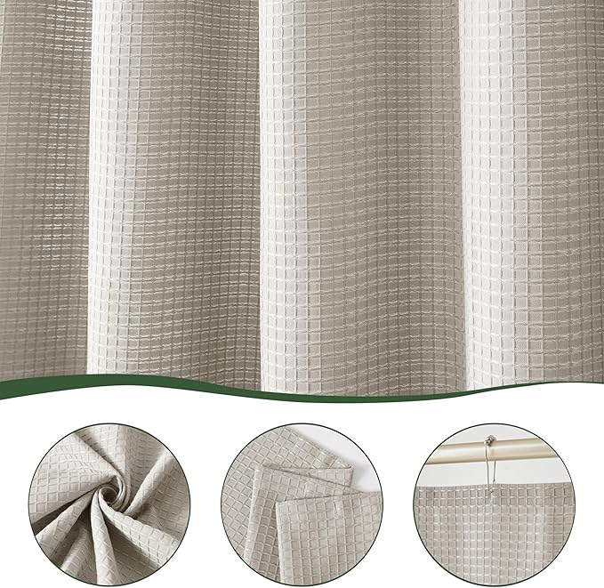 Indecor Home Luxury Waffle Weave Heavy Weight CVC Poly Cotton Blended Fabric Shower Curtain Elegant Hotel Style Fabric for Bathroom, Water Repellent, Machine Washable Taupe Waffle