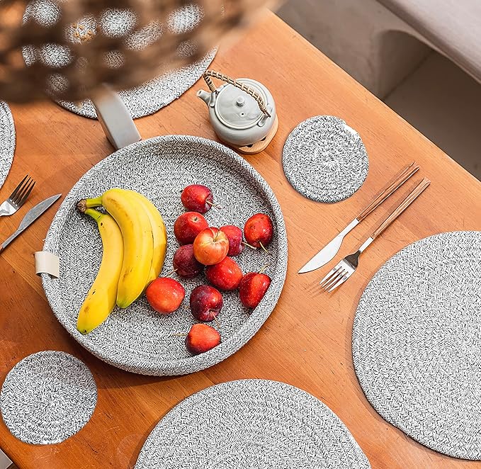Art PineCone's Woven Cotton Rope Round Placemats Set of 4 with Holder Included, Non-Slip, and Heat Resistant Shabby Chic Placemats (Heather Gray, 13 inch Plus Coaster)