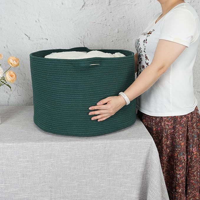 XUANGUO Large Cotton Rope Basket – 22"x14" Woven Storage Basket for Blankets, Toys, Laundry, and Nursery – Round Baskets for Living Room and Kids Dark Green