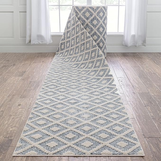 Well Woven Custom Size Hallway Stair Runner - Choose Your Length - Ainsley Blue Diamond Trellis Geometric Tribal - 31 Inches Wide x 55 Feet Long Runner (31" x 55' Runner) Rug