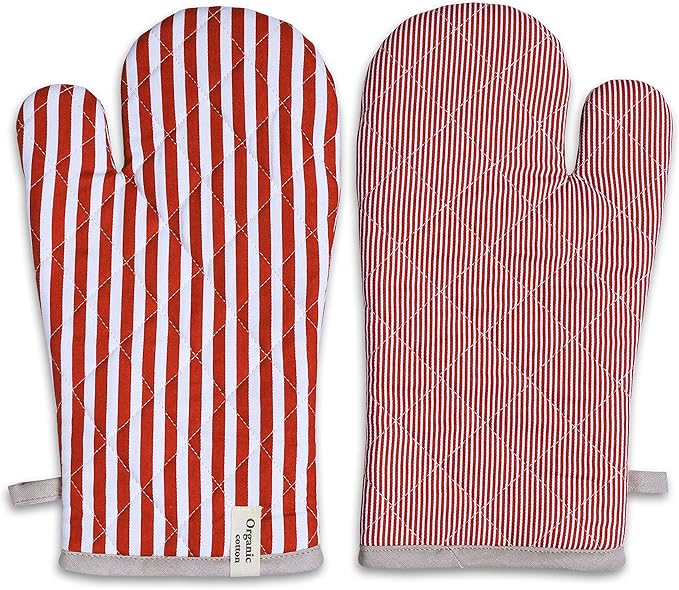 AMOUR INFINI Striped Pot Holders and Oven Mitts Heat Resistant Non Slip Reusable Set of 1 Oven Mitt and 1 Pot Holder Oven Gloves Pot Holder for Cooking (Rust)