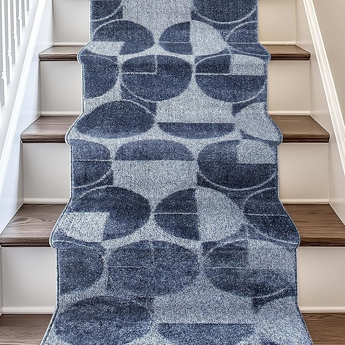 Well Woven Custom Size Hallway & Stair Runner- Harlow Harmony Blue 27 Inches Wide x 99 Feet Long Runner (27" x 99') Runner Rug - Modern Geometric Pattern, Ultra-Soft, Easy-Clean