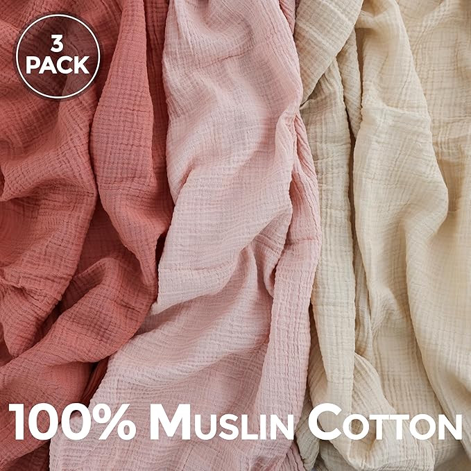 Dreamology Muslin Swaddle Blankets for Boys and Girls,3-Pack Soft & Breathable, Skin-Friendly, Soft Silky Wrap Cotton Baby Muslin Swaddle Blankets for Unisex Newborn (Rose/Pink/Ecru)
