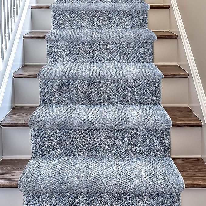 Well Woven Custom Size Hallway & Stair Runner- Harlow Pompeii Light Blue 27 Inches Wide x 13 Feet Long Runner (27" x 13') Runner Rug - Modern Chevron Pattern, Ultra-Soft, Easy-Clean
