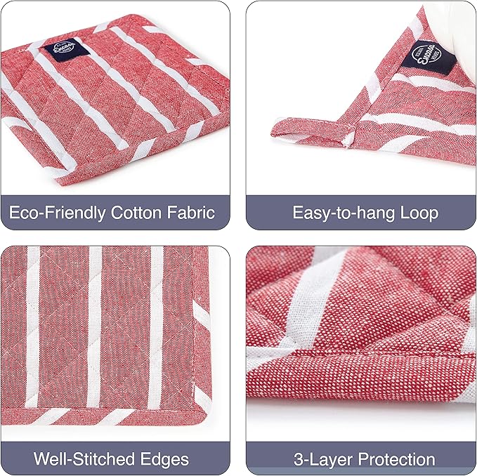 Encasa XO 8 inches Oven Microwave Potholders (2 pc Set) for Kitchen Cooking & Baking - Heat Resistant, Thick & Safe, Protection of Hands from Hot Utensils - Roma Red Stripes