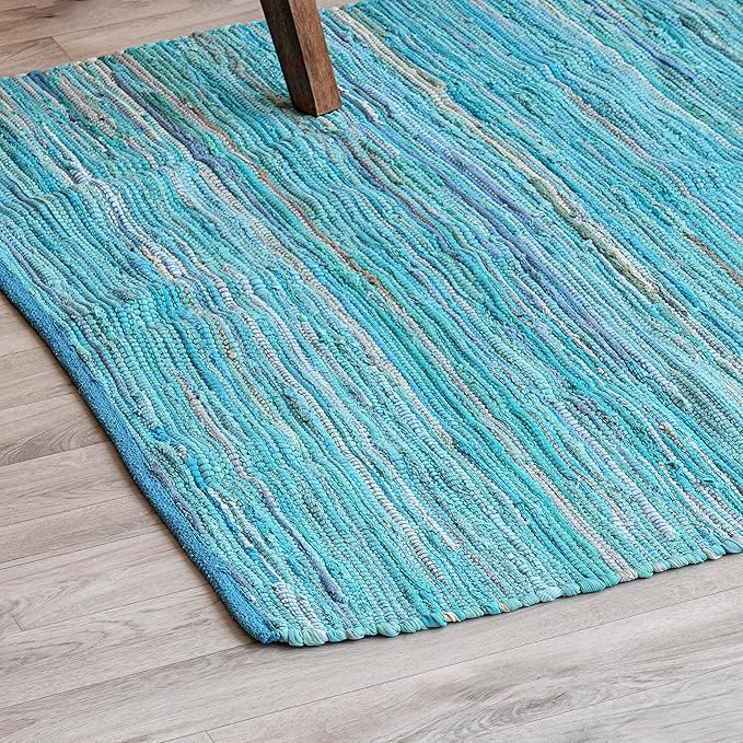HOMEMONDE Teal Chindi Rug 4'x6' Recycled Soft Cotton Hand Crafted Reversible Boho Rag Rugs for Bedroom, Living Room, Kitchen, Entyrway
