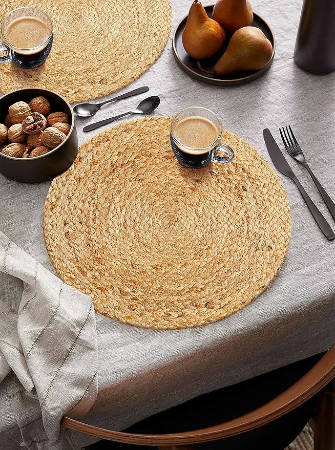 Hausattire Jute Braided Placemats 14 Inches Round Set of 4 Reversible Handwoven Boho Vintage Placemats for Kitchen Dining Tables|BBQ's Thanksgiving Decor Weddings Indoor & Outdoor Parties|Natural