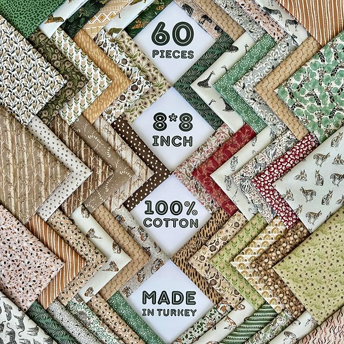 60-Piece Neutral Nature Patchwork Cotton Fabric Squares – 8×8 inch (20×20 cm), 100% Cotton 140 GSM, Pre-Cut Quilting Fabric Bundle, Made in Türkiye