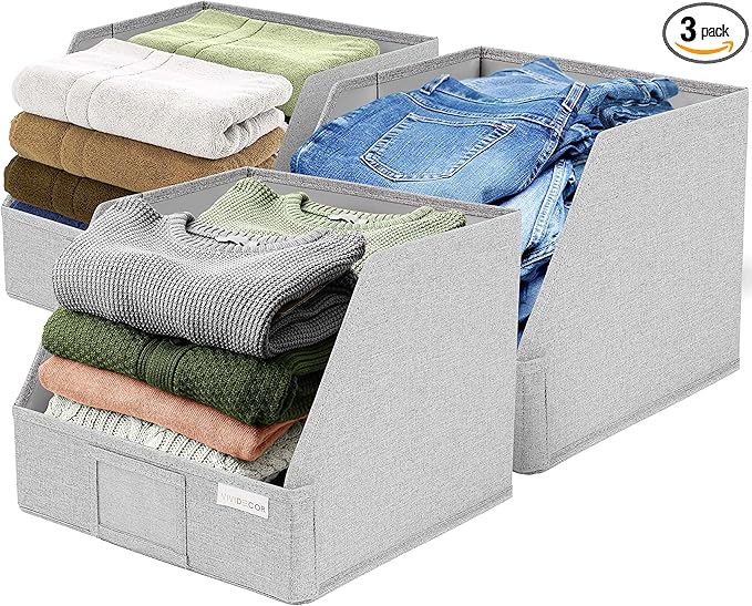 VIVIDECOR Trapezoid Closet Bins for Shelves – 12x12x10 Fabric Storage Baskets, Closet Organizers Bins, Open Front Fabric Baskets, Collapsible Organizer Boxes for Clothes, Linen – Light Gray, 3 Pack