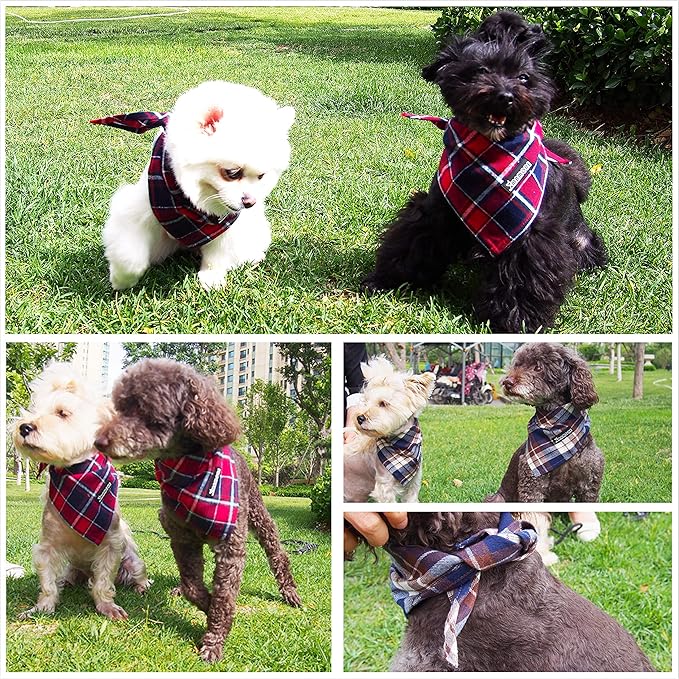 Adjustable Plaid Dog Bandanas,1PC Soft Washable Cotton Triangle Bib Kerchief Scarfs for Small Medium Large Dogs and Cats (Fuchsia&Blue, Large)