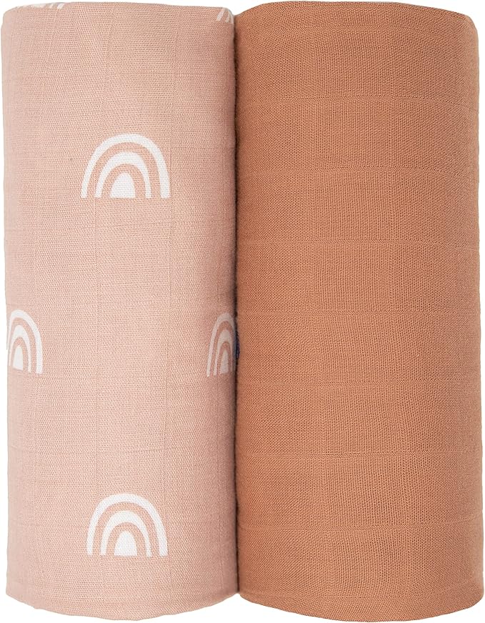 Sticky Toffee Muslin Swaddle Baby Blanket, Blush Pink Rainbows, 47 x 47 in, Soft Breathable Oeko-Tex Cotton Newborn Wrap and Receiving Blanket