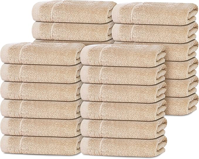 Tens Towels Pack of 24 Washcloths, 12 x 12 Inches, Lighter Weight, Quick to Dry, Super Soft & Absorbent, Gentle Face Towels, Hotel Quality, Perfect for Bathroom, Gym, Spa (Beige, 24 Pack)