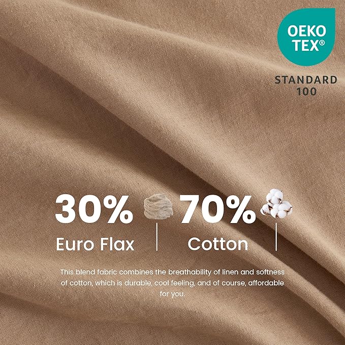 Simple&Opulence Belgian Linen Sheet Set Solid Color - 6 Pieces (1 Flat Sheet & 1 Fitted Sheet & 4 Pillowcases) 16" Deep Pocket Natural Flax Cotton Blended Soft Bedding - Clay, California King