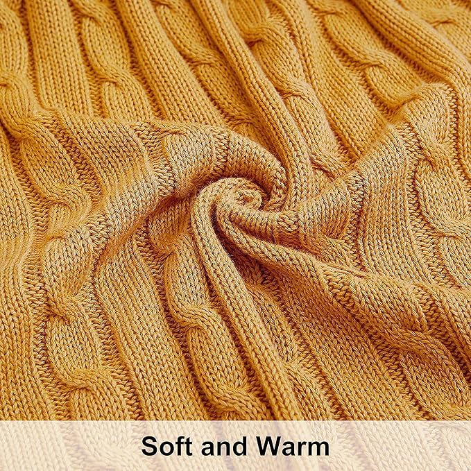 NTBAY 100% Pure Cotton Twin (60x80) Cable Knit Throw Blanket, Super Soft Warm Knitted Blanket for Bed, Sofa, Chair, Couch - Extra Cozy, Machine Washable, Comfortable Home Decor, Ginger Yellow